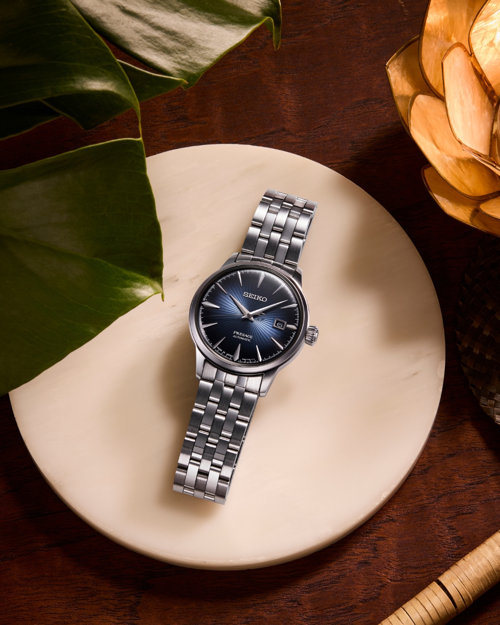 Relógio automático clássico Seiko Presage Cocktail Time SRPB41J1, prateado com mostrador azul.